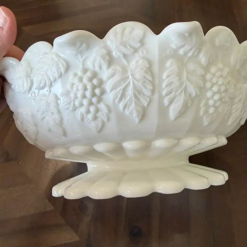 Westmoreland Paneled Grape milk glass oval footed bowl. 11 1/2” X 8 1/2” X 5”