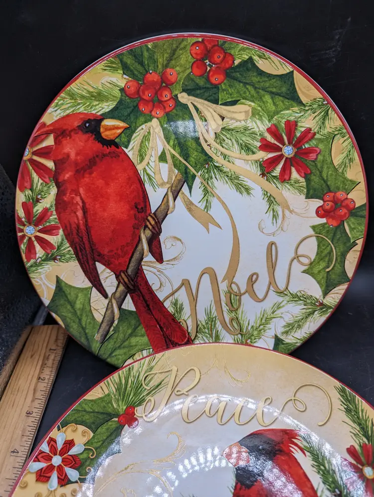 Set of 2 Christmas Poinsettia Cardinal Salad Plates Peace  and Noel Certified International 9"