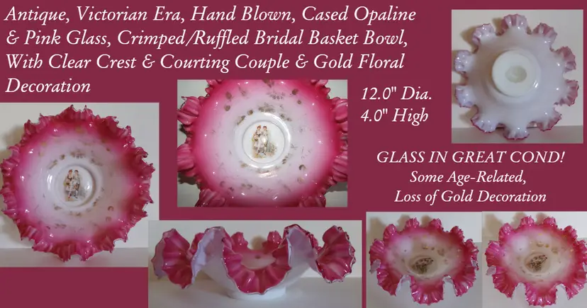 Gorgeous Victorian Era Milk Glass Crimped, Ruffled, Courting Couple Bridal Bowl