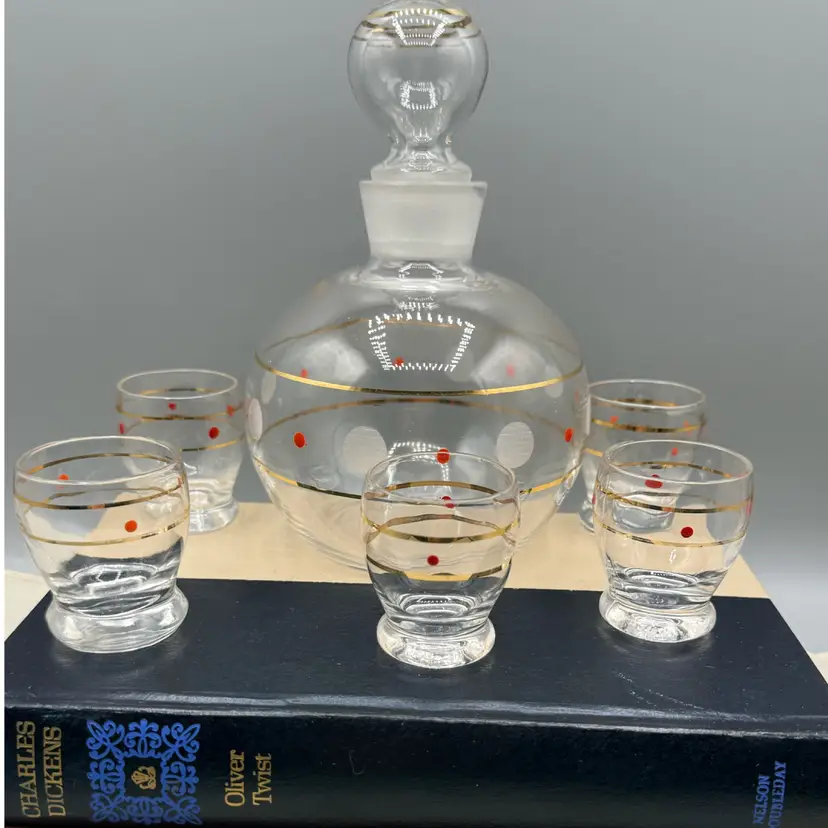🐞 Vtg Mcm Handblown Clear Decanter Set UV Glow
(Decanter 6x3”, Glasses 2x1”) Retro