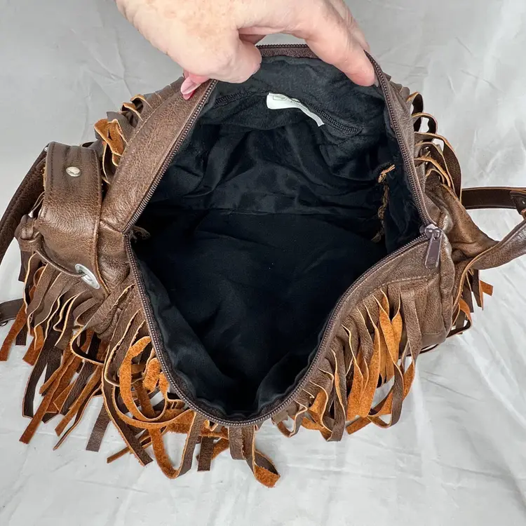 Brown Leather Fringe Crossbody Shoulder Bag Boho Western Festival Y2K Vtg