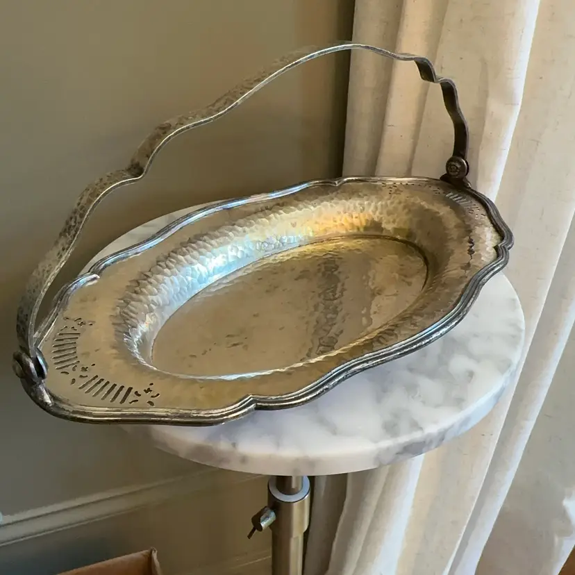 π Antique Or Very Vintage Sheffield Silver On Copper Circa 1920 Handled Bride Basket Oval Serving Tray 12βx7β