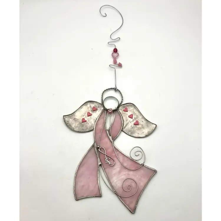 BIN - Stained Glass Pink Breast Cancer Ribbon Angel With Hanging Wire and Hope Charm.