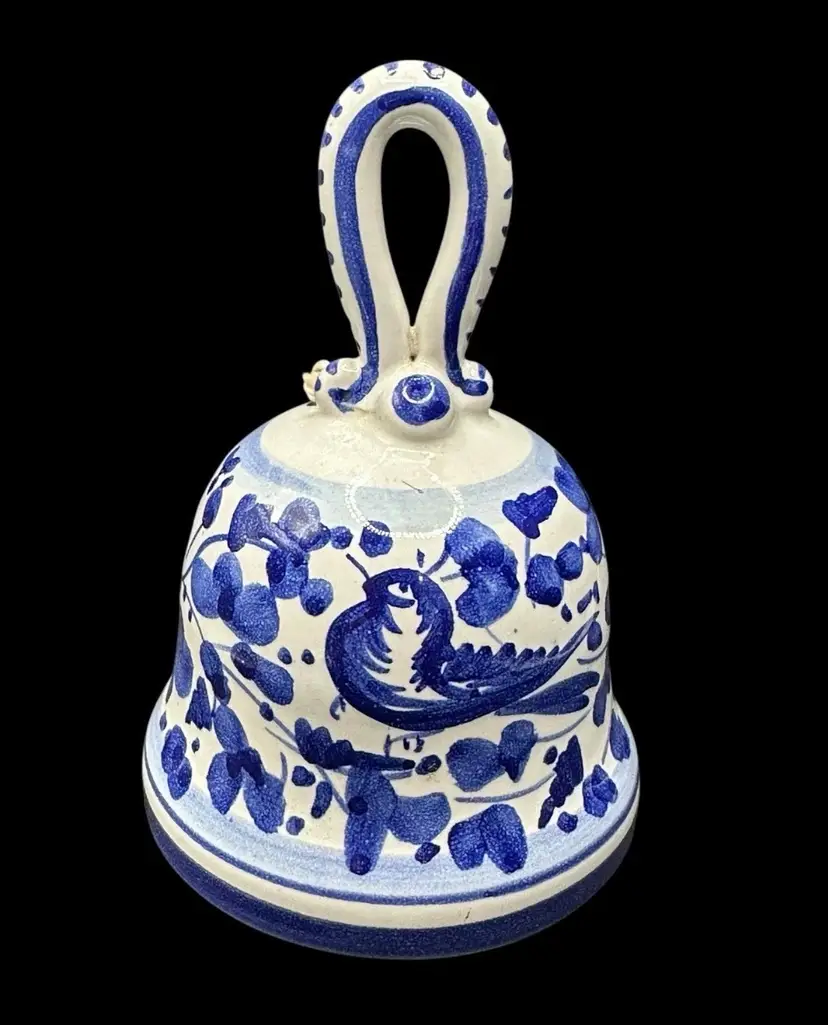 Italian Pottery Blue & White Handmade Bell With Bird VINTAGE Marked Sorrento