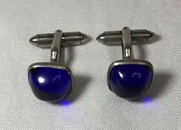 Cufflinks, MCM, silver tone bullet backs, blue lucite cabochons, vintage