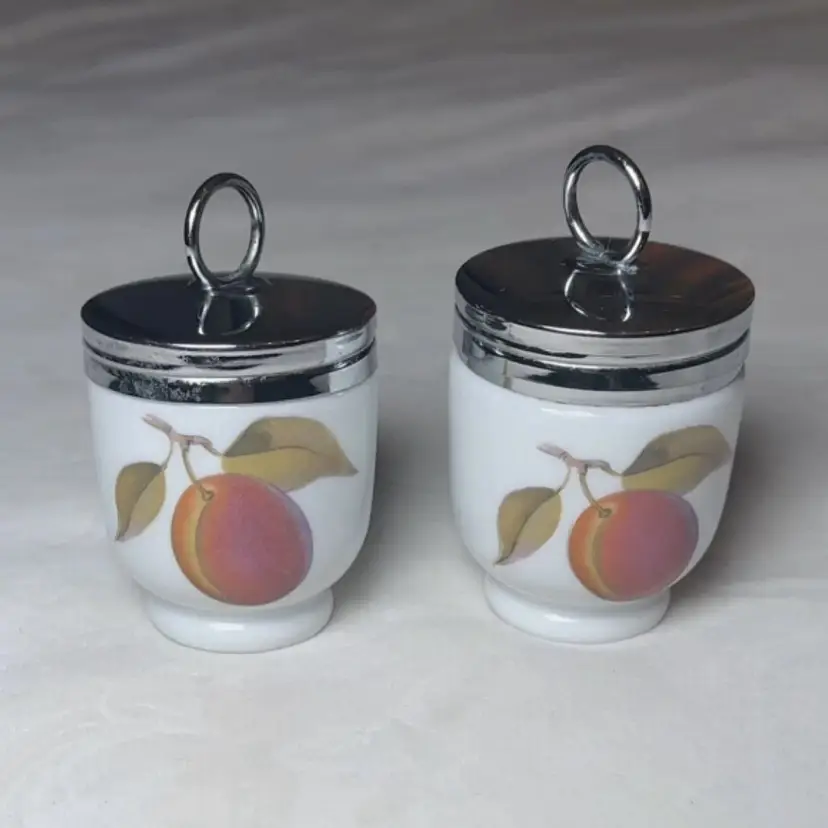 2 Royal Worcester Porcelain Egg Coddlers “Evesham” Peach & Berries, England Made