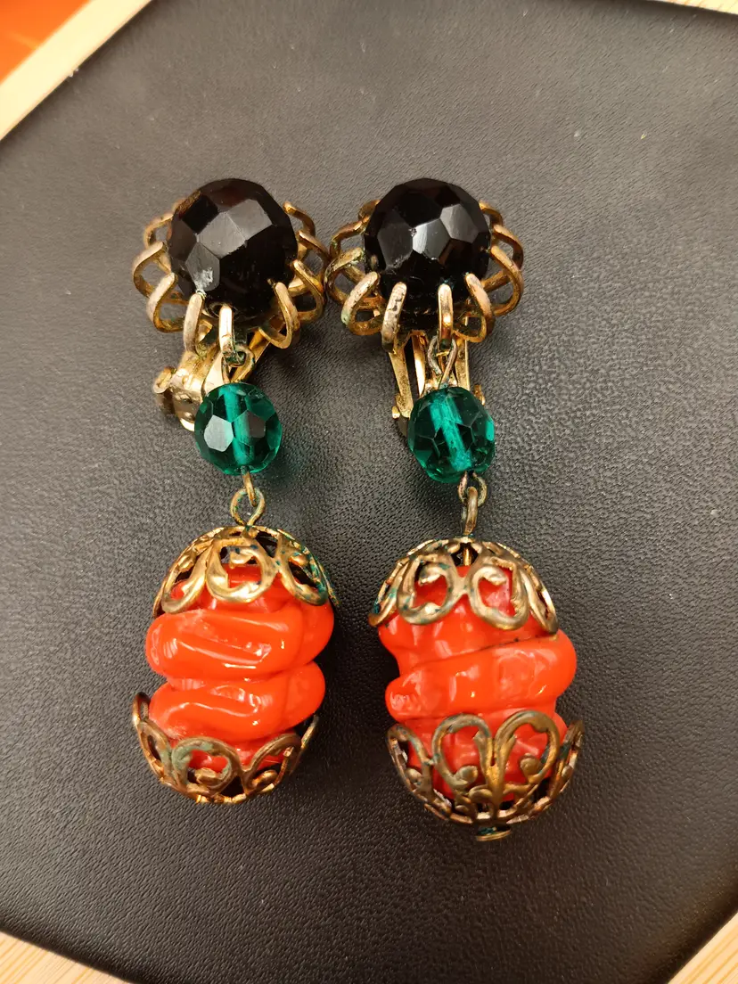 One Pair of Vintage Orange, Green, and Black Beaded Brass Clipon Earrings