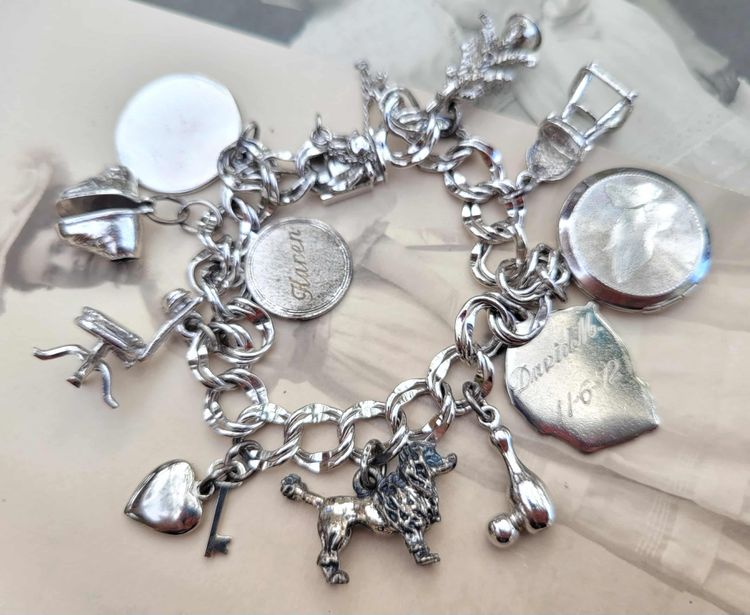 Vtg Sterling Silver Locket Baby Bowling Lion Karen Charm Bracelet 6.5" - 37g