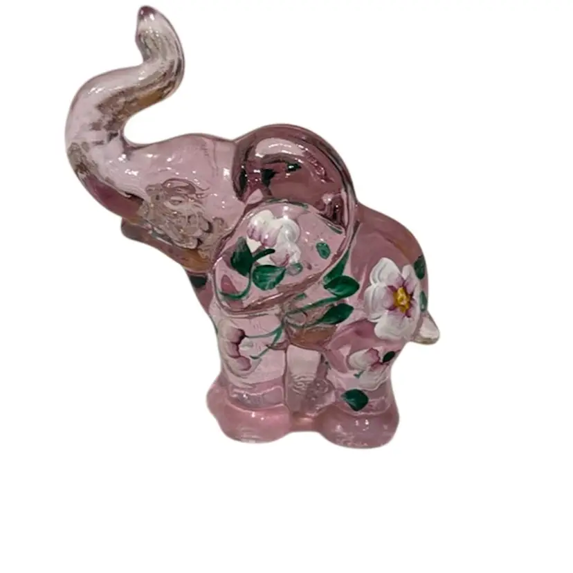 Lenox Fenton Handpainted Signed Flower Power Pink Glass Elephant Figurine -4”