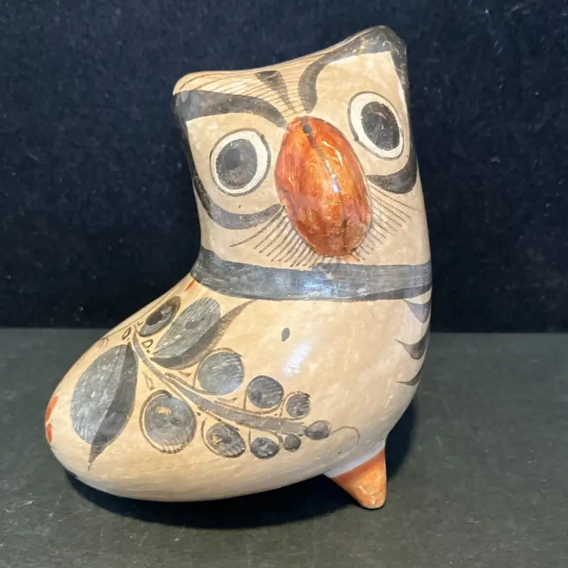 Tonala Mexican Folk Art Pottery Owl With Hand Painted Bird On Back 4.5”