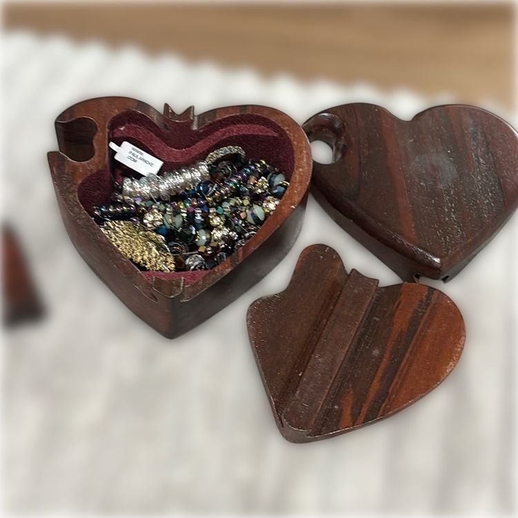 Vintage Wooden Heart Puzzle Box Filled With Glass Beads 5” Wide 2 1/2” Tall