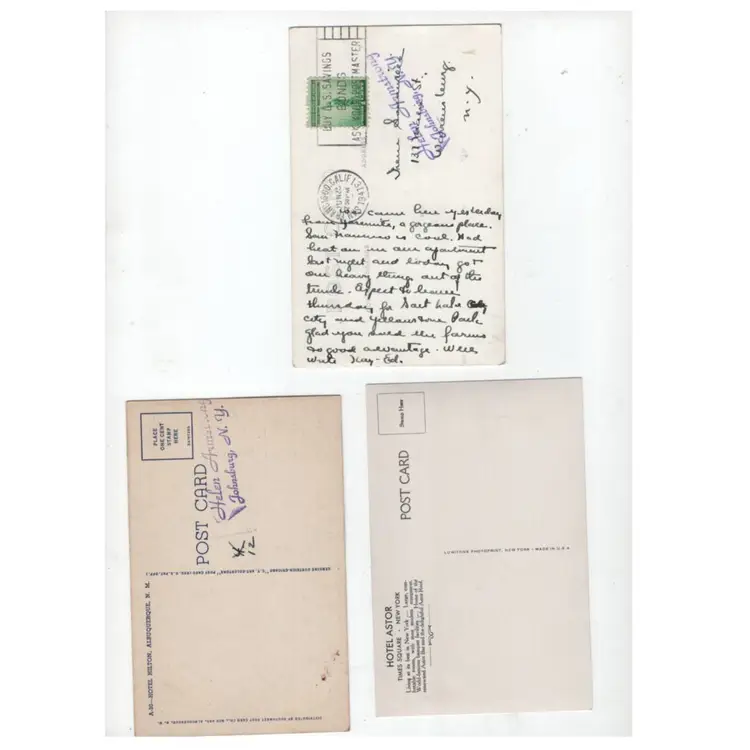 Set Of 3 Vintage Postcards Hotels San Francisco New York Albuquerque