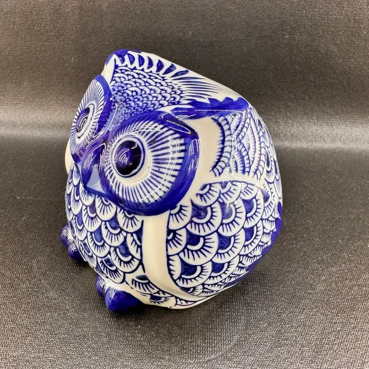 Ceramic Chinoiserie Style Blue & White Owl Figurine