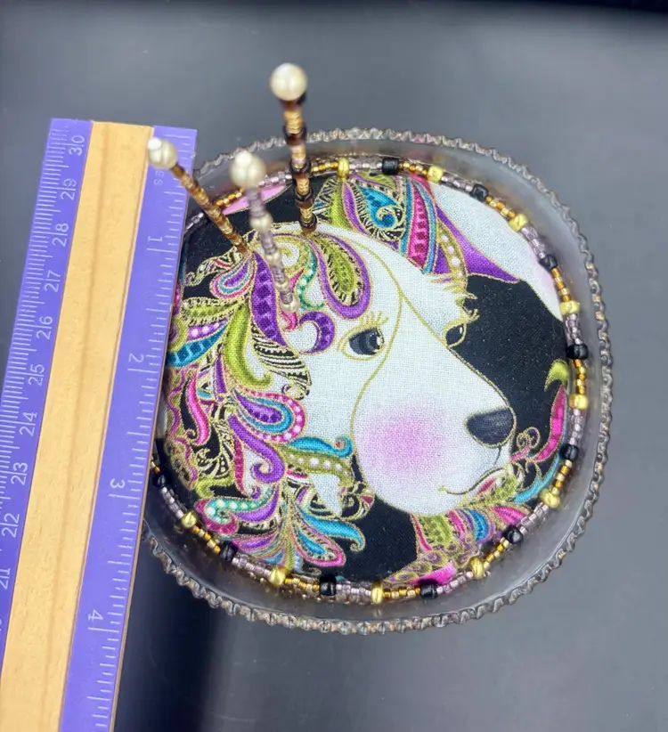 Unique Pin Cushion In antique Glass Dish With Gold Trim 3 Beaded Pins And Glass Beads Around Outer Edge