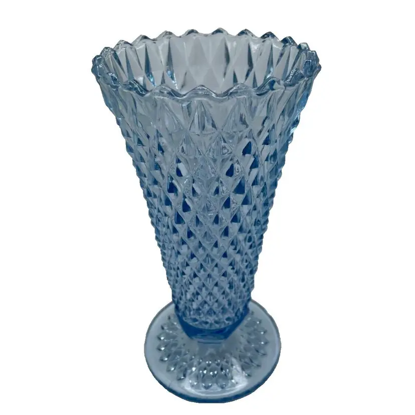 Vintage Indiana Glass Ice Blue Trumpet Diamond Point Footed 8" Tall Vase (c) 1960's