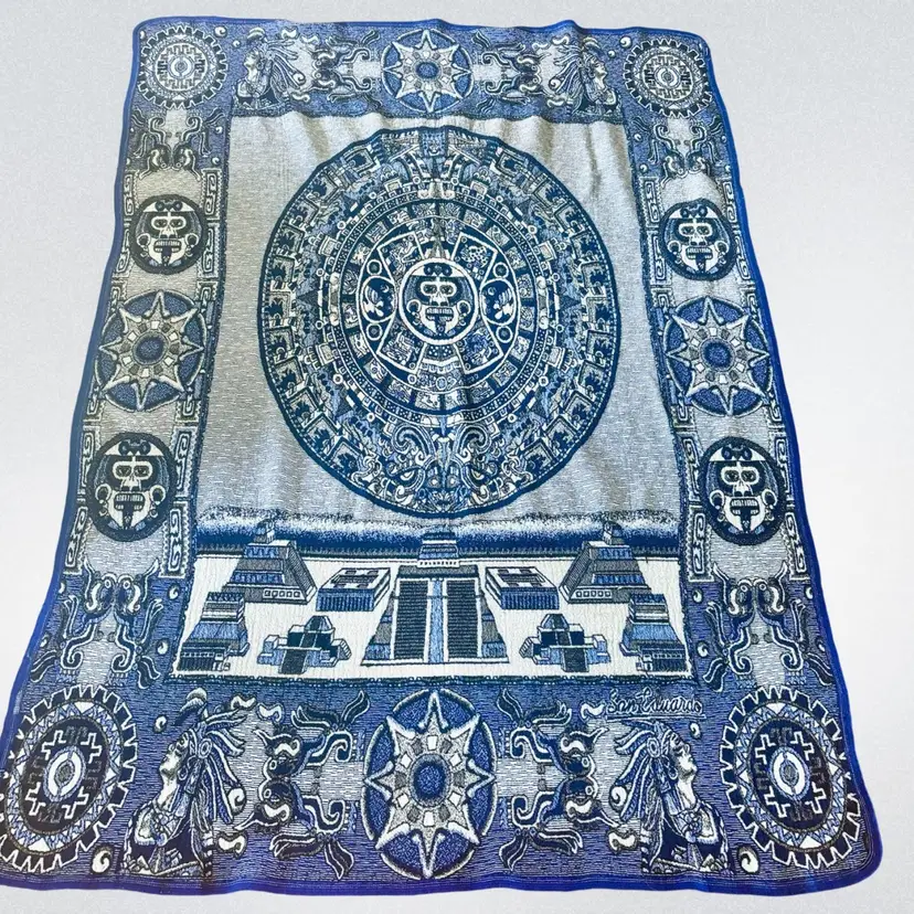 San Eduardo Mayan Aztec Calendar Cobalt Blue Blanket Throw 70x96”