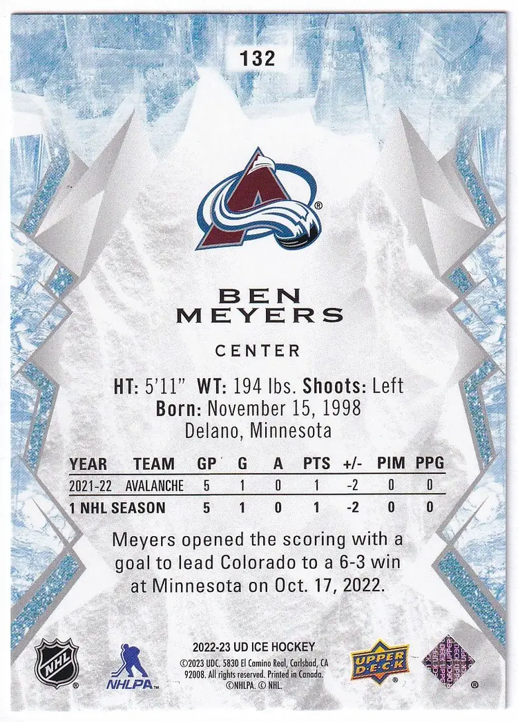2022-23 Upper Deck Ice #132 Ben Meyers RC Colorado Avalanche Hockey Card