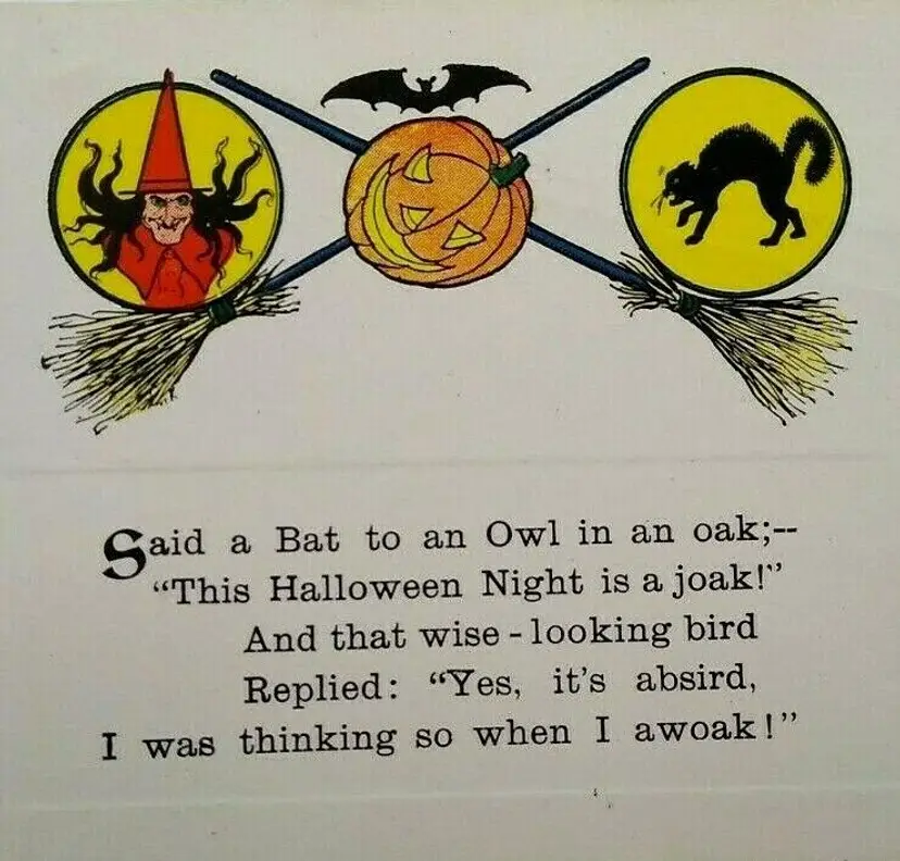 Halloween Postcard Gibson Said A Bat To An Owl Poem Witch Broom Black Cat Unused