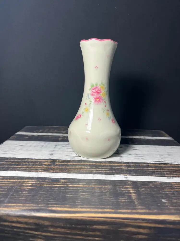 Ivory Colored Porcelain Bud Vase With Pink Florals Made In Japan