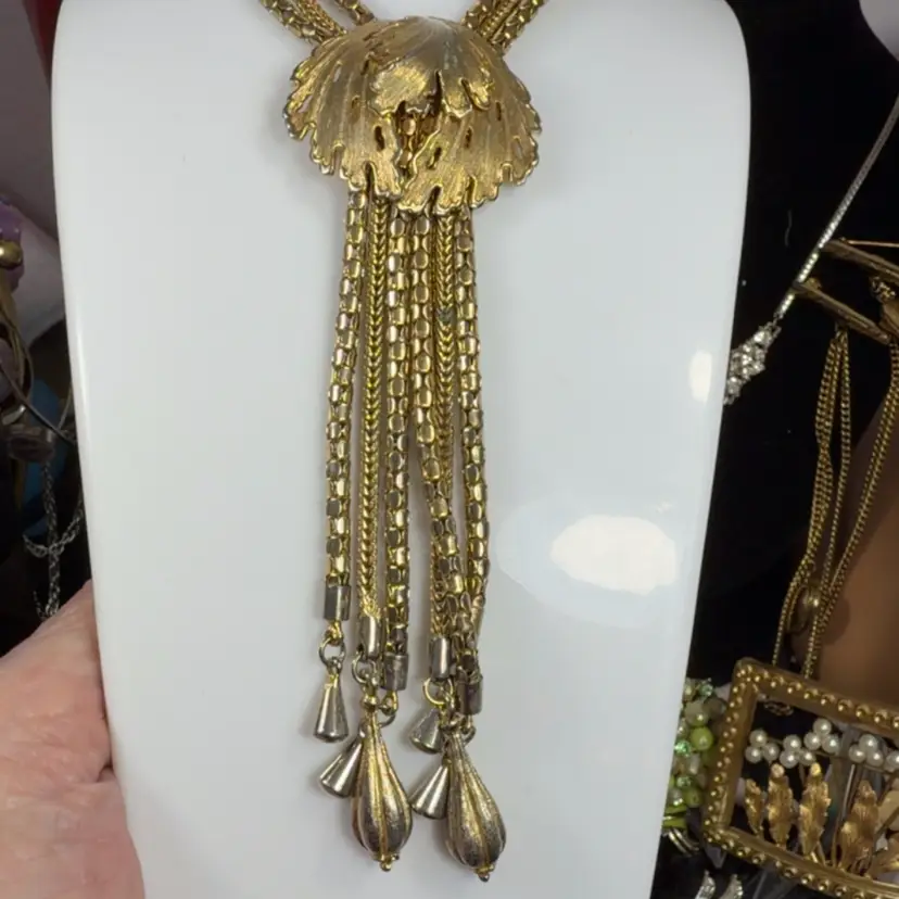 Gold Tone Fringe 3 Strand Necklace 18”
