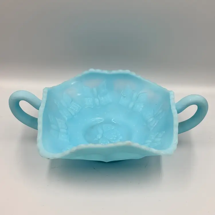 Fenton Blue Satin Double Handle Bowl with Butterflies GLOWS 5.75”x8.25”