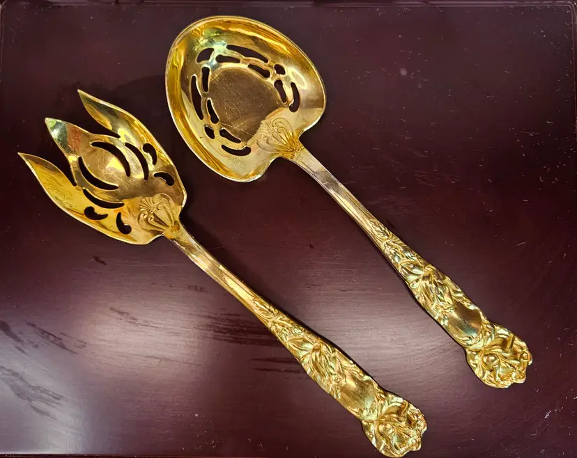 Vintage Ornate Italian 24K Gold Plated Fenestrated Salad Serving Set of 2
