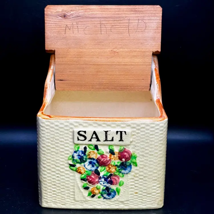 Wood and Ceramic Hinged Salt Box 5.5”x5”