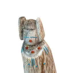 Zuni Carved Antler Corn Maiden Fetish Figurine Turquoise Accents Artist Claudia Penia? 
5-5/8” T x 2-3/8” L x 1” W