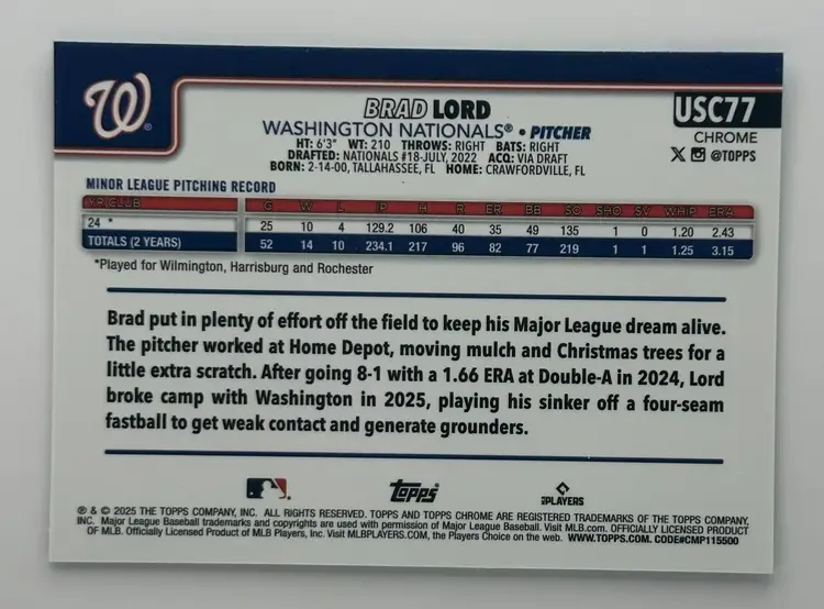 Brad Lord Topps Chrome Nationals RC #68/199