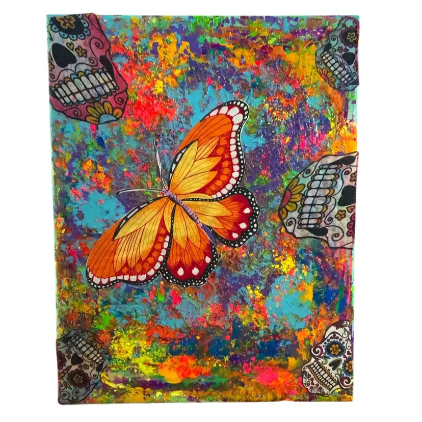 "Rave Art : Phenomenal Flutter And Rebirth” Original Mixed Media Textured Artwork Featuring Sugar Skulls And Butterflies 🦋 On Stretched Canvas Approximately 14" By 11”