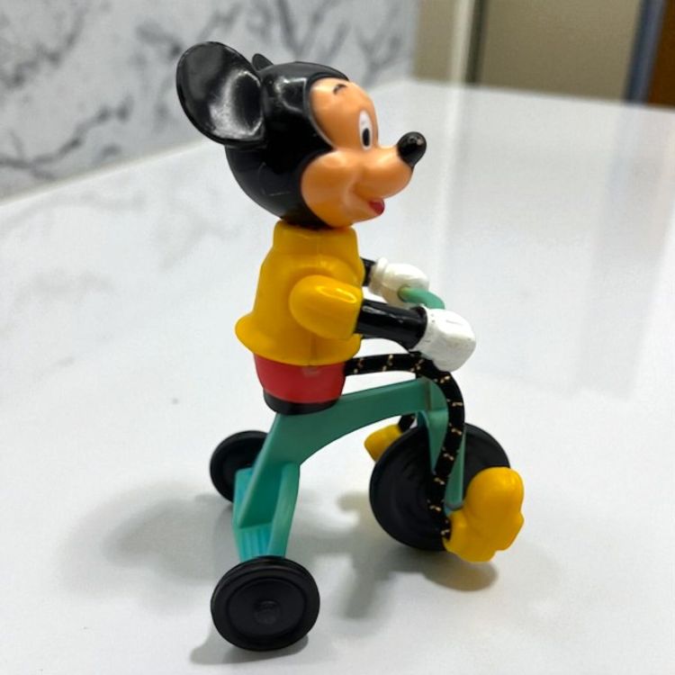 1977 Vintage Mickey Disney Plastic Gabriel Action Toy on Tricycle 5" tall