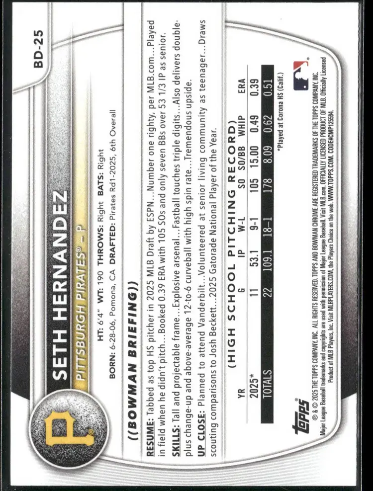 Seth Hernandez 1st Bowman 2025 Prospects Pittsburgh Pirates