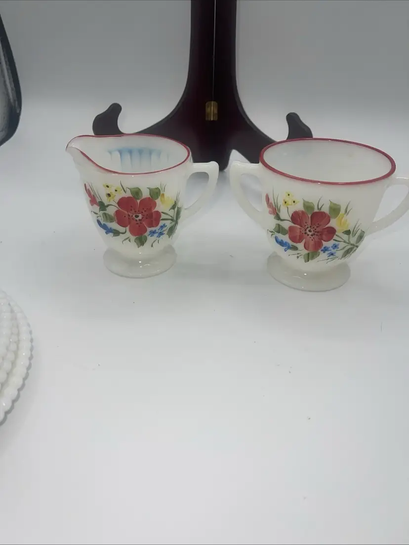 Vintage MacBeth Evans Petalware Monax Creamer & Sugar Milk Glass Red Flowers