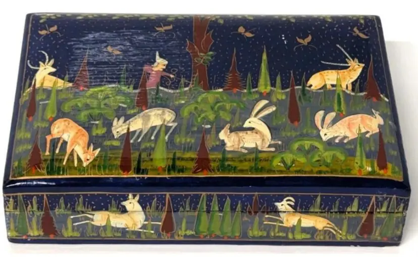 Stunning Vintage Kashmiri Paper Maché Handpainted Lacquer Trinket Box With Hunter & Animals Detailing, 6" × 4" × 1.5" Tall