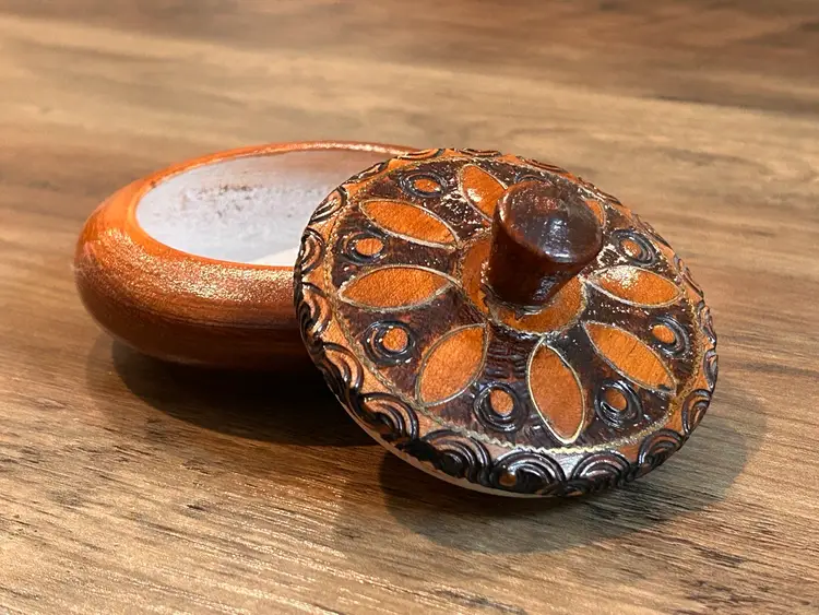 Vintage Wooden Trinket Box Hand Carved With Copper Wire Inlay On The Lid Poland