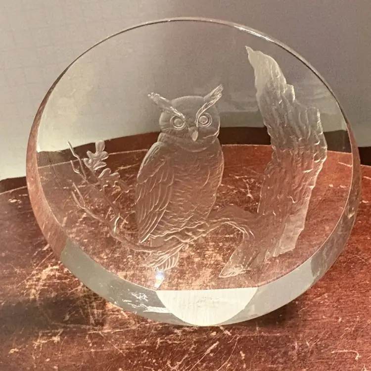 4” Round Lucite Owl In A Tree  Paperweight