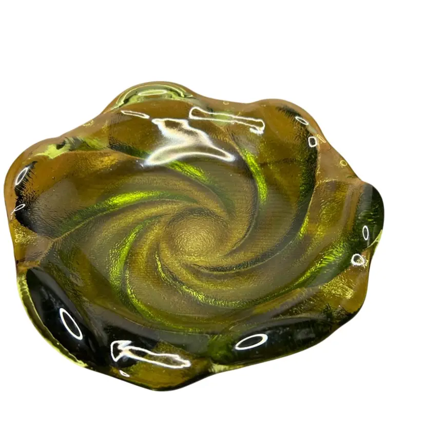Fenton Green Swirl Textured Glass Dish/Ash Tray @8” Diameter