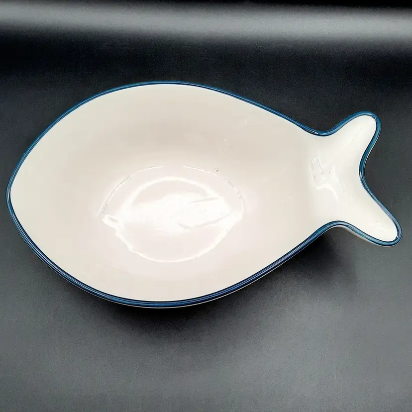 Fish Serving Bowl White Ceramic Blue Trim by Dash of That