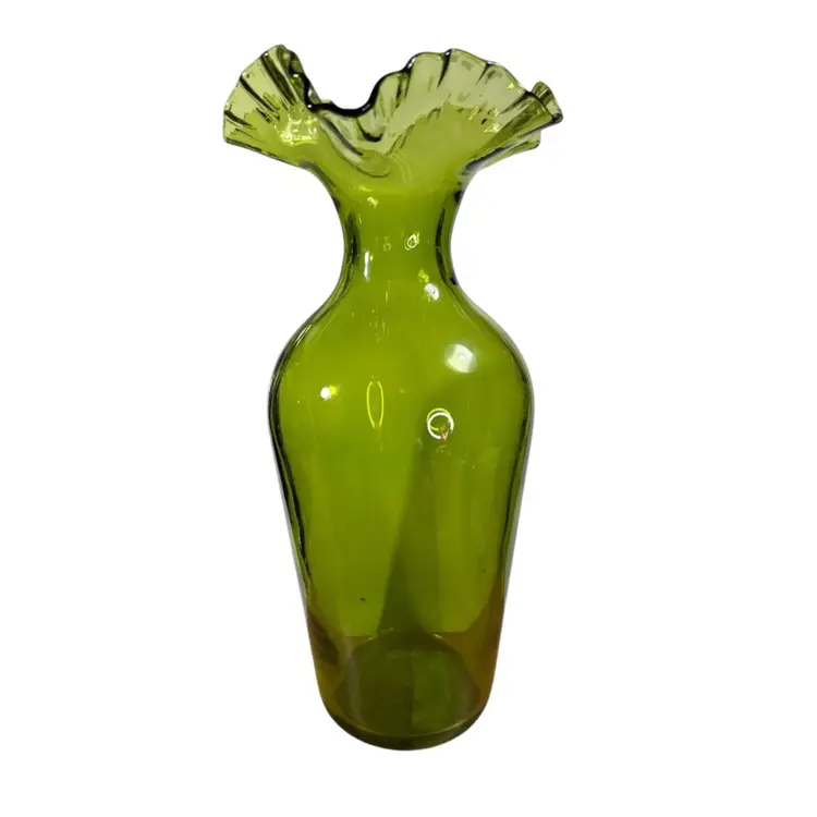 1960s Blenko #6839 Olive Green Ruffle Top Vase 14” x 6.5”