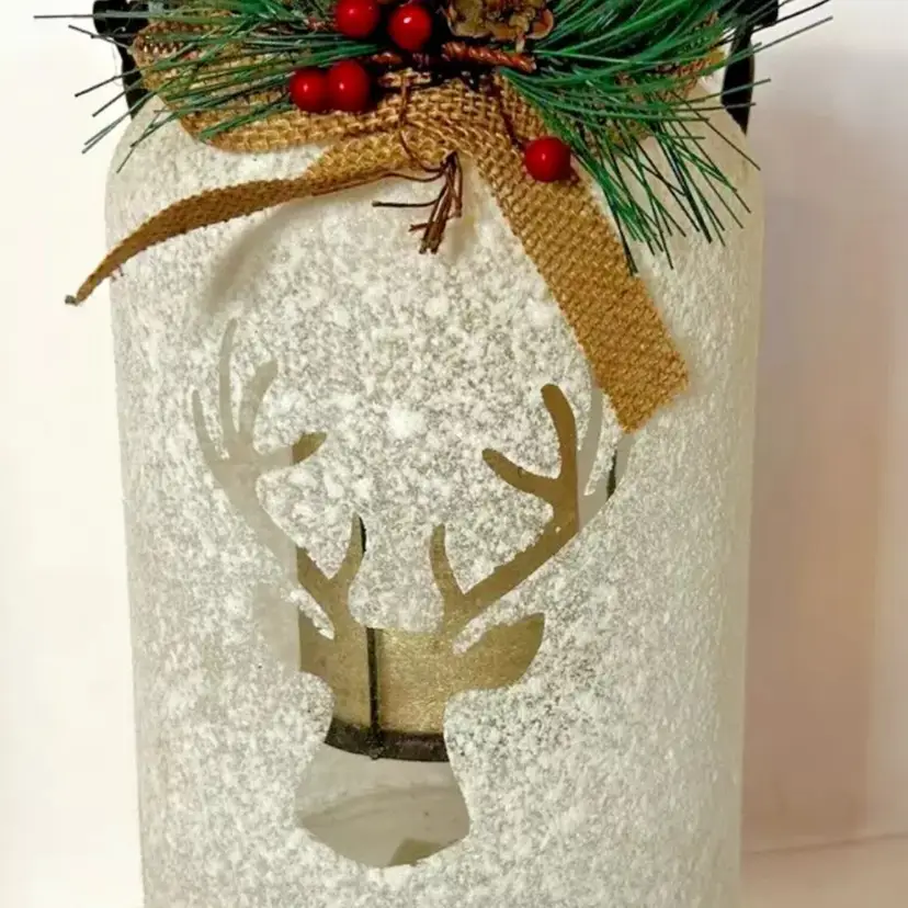 Christmas Woodland Deer Glass Lantern with Flameless Candle