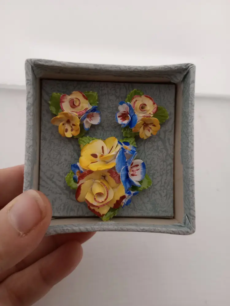 Jon Anton bone china brooch and earrings