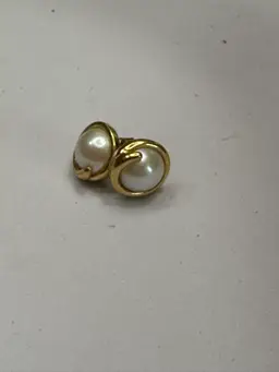 Signed Monet Off White Faux Pearl Gold Tone Button Pierced Earrings