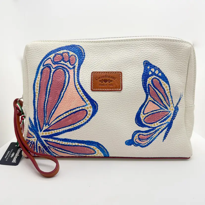Hand Painted Butterfly White Pebbled Leather Wristlet or Cosmetic Bag by Cavalcanti, Italy, NWT