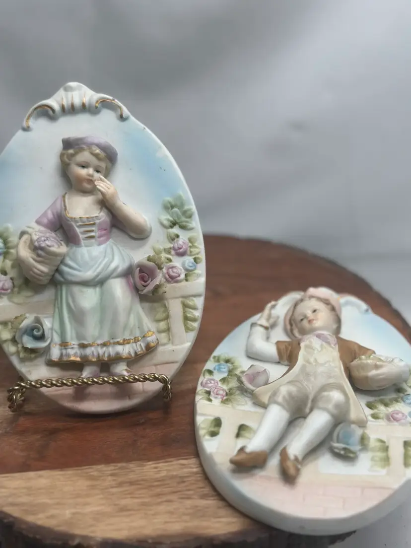 Vintage Ardco Boy Girl Bisque Plaques  Oval VICTORIAN Style