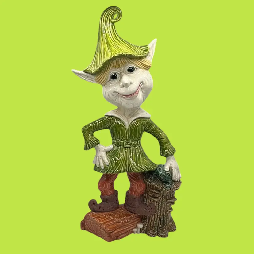 Vintage Garden Elf w/ Frog Green Mythical | 15”