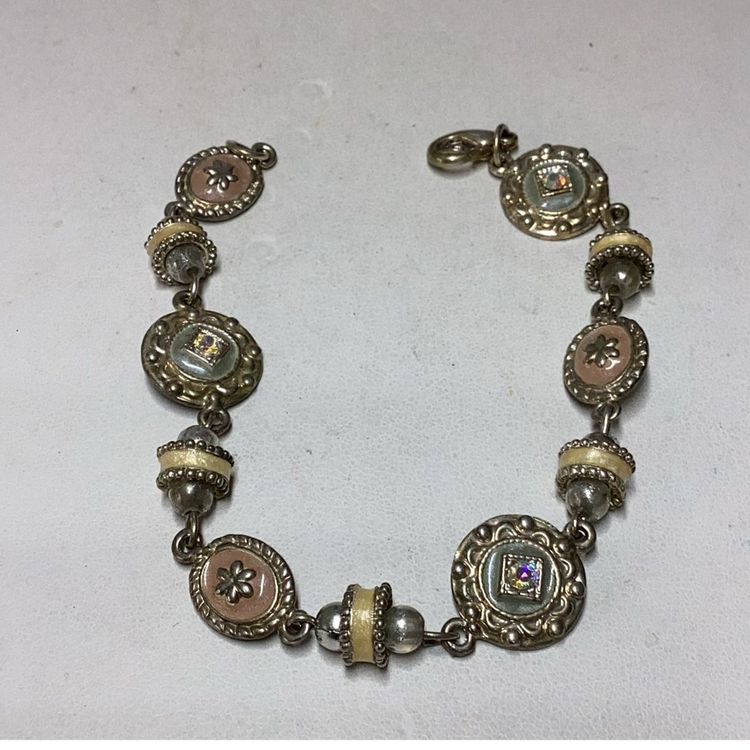 Silvertone Bracelet With Rhinestones& Pink 7”