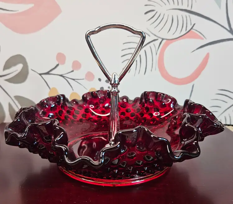 Vtg Fenton Art Glass Ruby Red Hobnail Crimped Ruffled Bowl Candy Dish w/ Handle