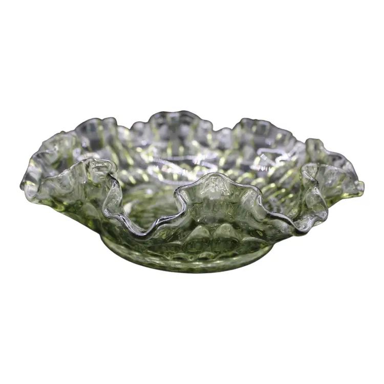 Fenton Olive Green Thumbprint Ruffle Bowl Vaseline Glass MCM7” Diameter