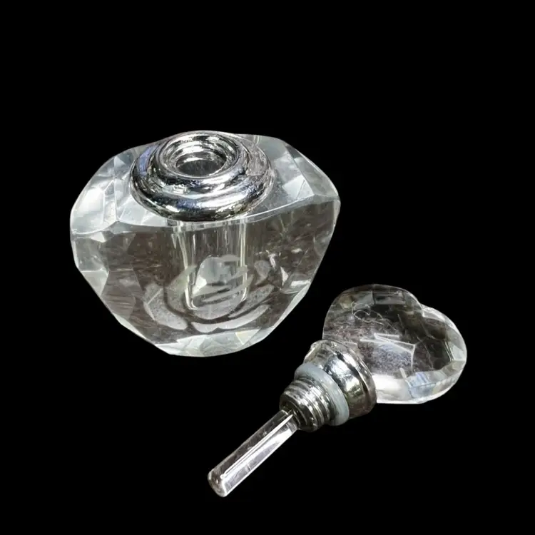 066. Clear Glass Tiny Perfume Bottle With Etched Rose And Heart Stopper