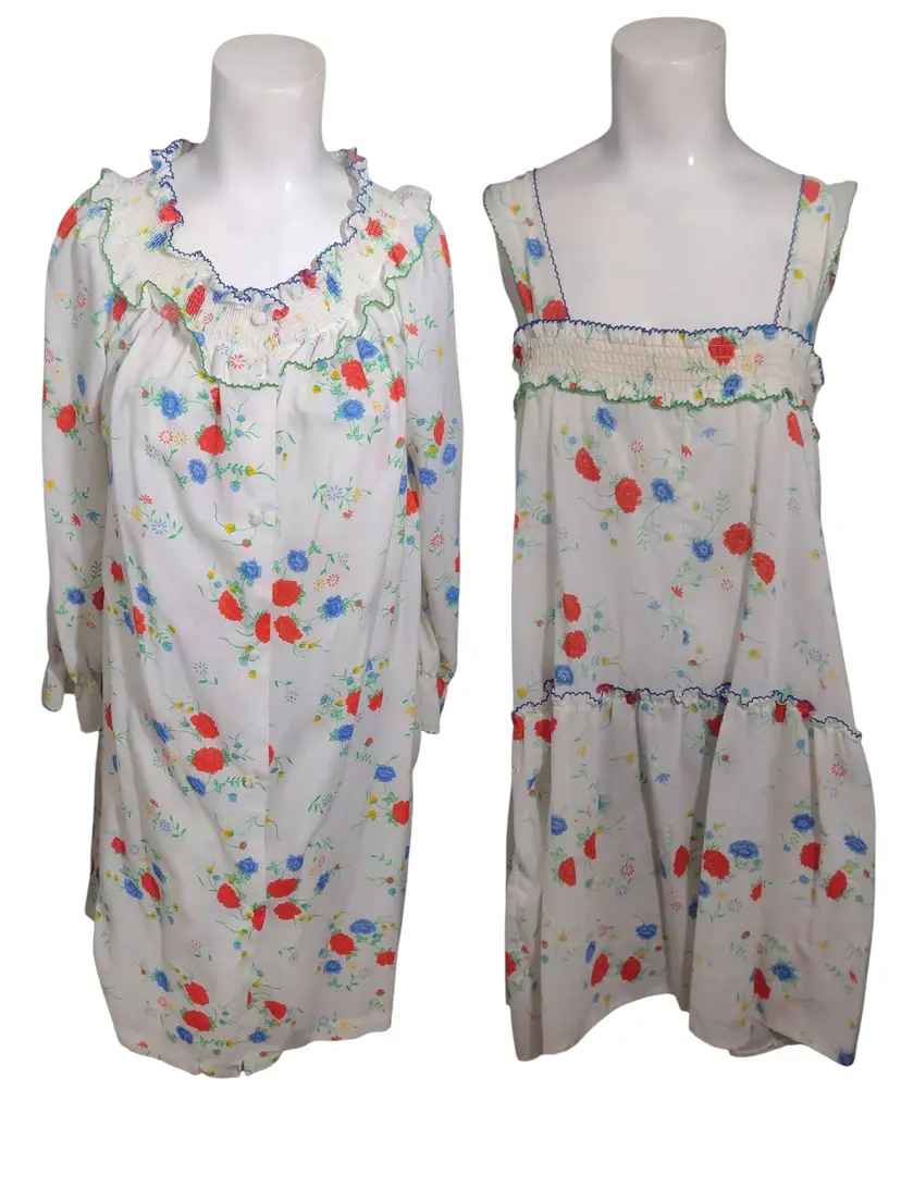 Vtg Gilligan O'Malley Floral Smocked Nightgown Robe Set Size S Cottage Prairie